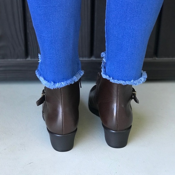 NIB Brown Side Zip Leather Ankle Buckle Bootie - Picture 3 of 6